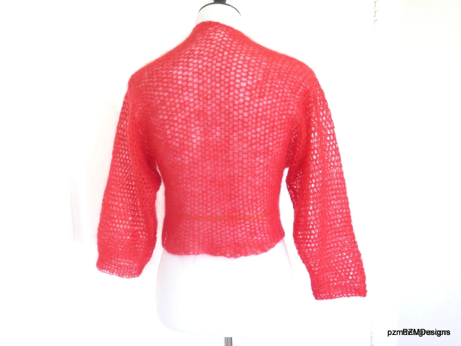 Orange Silk Mohair Tie Front Cardigan, Hand Crochet Hot Coral Shrug