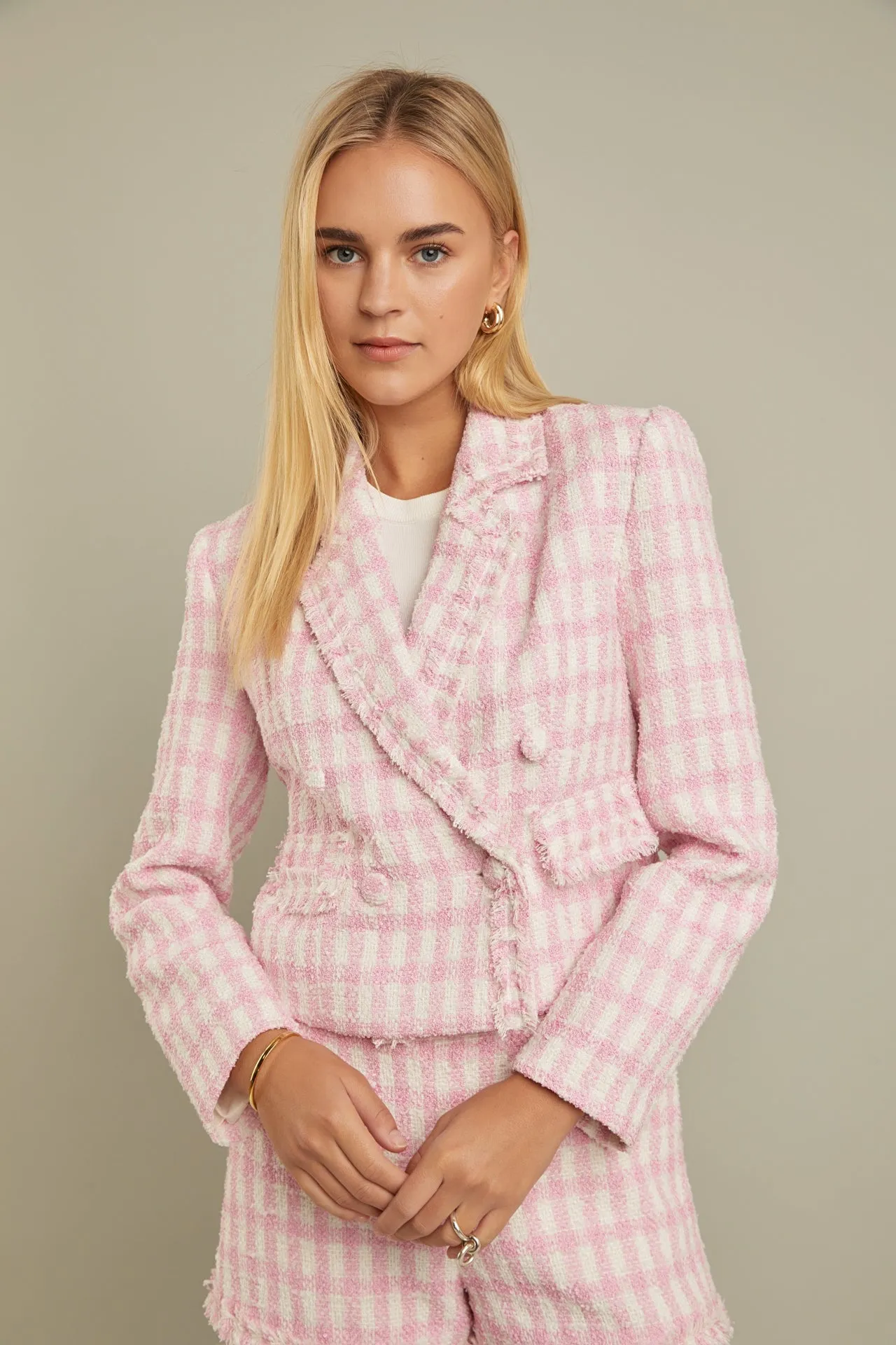Textured Checkered Double Breasted Blazer